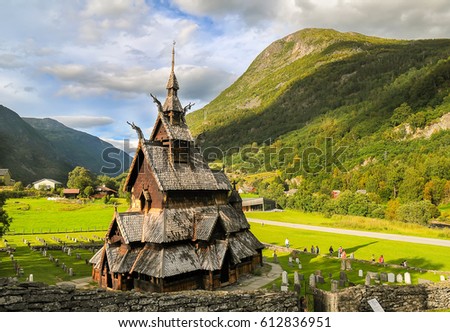 Borgund stave wooden church in Western Norway at sunny summer day