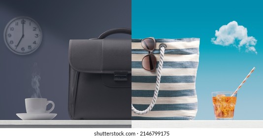 Boring briefcase and coffee vs beach bag with cocktail, work and vacation comparison