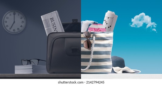 Boring dark business briefcase with newspaper and summer beach bag with accessories comparison, work and vacation concept