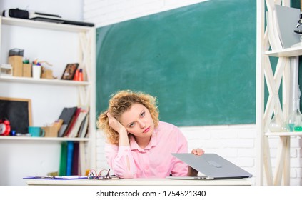 Boring Homework. Tired Student With Laptop. Teacher Woman. Teachers Day. Educational Site For Teachers. Online Schooling Concept. Girl Surfing Internet. Digital Technologies Concept. Education Online.