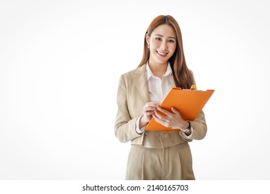 Boring young business Asian woman holding document file and looking at camera stand on a studio shot white background. - Powered by Shutterstock