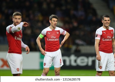 Borisov, Belarus - February 14, 2019 : UEFA Europa League Round Of 32 First Leg Match Between FC BATE Borisov And Arsenal FC. Laurent Koscielny(in The Centre)