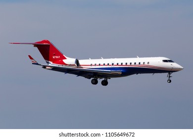 Borispol, Ukraine - May 26, 2018: N79AY Bombardier BD-700-1A10 Global Express Business Jet Aircraft On The Blue Sky Background. Editorial Use Only