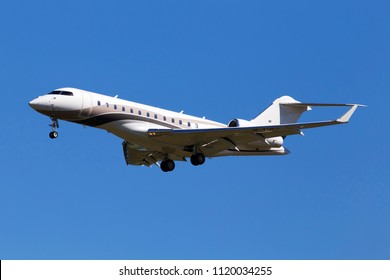 Borispol, Ukraine - May 26, 2018: M-YULI Bombardier BD-700-1A10 Global Express Business Jet Aircraft On The Blue Sky Background