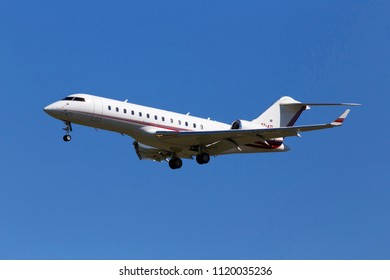 Borispol, Ukraine - May 26, 2018: T7-ATL Bombardier BD-700-1A10 Global Express Business Jet Aircraft On The Blue Sky Background