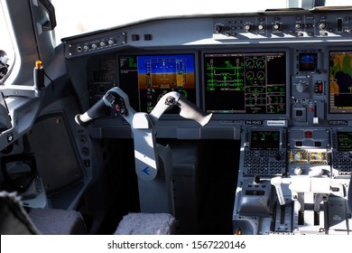 Borispol, Ukraine - October 29, 2019: Inside View Of A P4-KHD Air Astana Embraer E190-E2 Aircraft Cockpit. The Capitain Place.