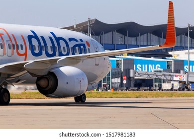 Borispol, Ukraine - September 10, 2019: A6-FEU flydubai Boeing 737-800 aircraft running to the Borispol International Airport parking