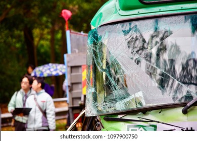 A Borken Minibus Front Window Caused By Traffic Accident