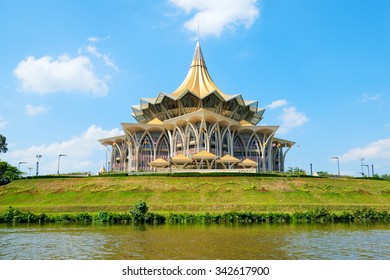 Borneo, Malaysia - Riverfront View Of Sarawak State Legislative Assembly (DUN) Building In Kuching - An Iconic Landmark