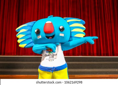 Borobi The Famous Blue Koala Mascot For The Commonwealth Games 2018 On The Gold Coast, Australia Doing The Usain Bolt.