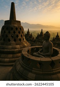 Borobudur Temple at sunrise in Central Java, Indonesia. Ancient stupas and Buddha statue bathed in golden light with misty forest and mountain backdrop, capturing peace, history, and spirituality.

