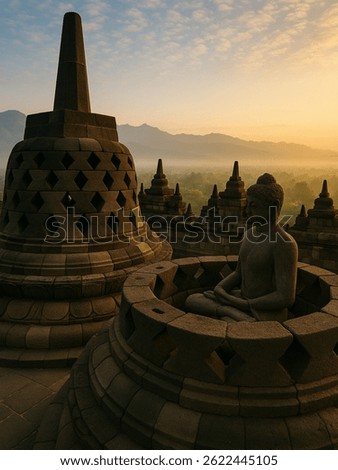 Borobudur Temple at sunrise in Central Java, Indonesia. Ancient stupas and Buddha statue bathed in golden light with misty forest and mountain backdrop, capturing peace, history, and spirituality.

