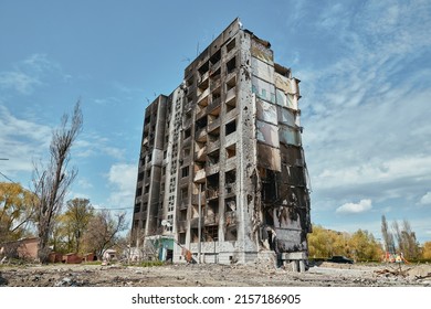 Borodyanka, Ukraine - April,30, 2022:  Damaged Building From Russian Troops In Ukraine, City Of Borodianka, Russian Invasion Of Ukraine War Torn City.