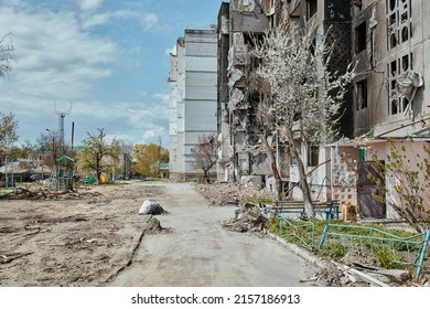 Borodyanka, Ukraine - April,30, 2022:  Damaged Building From Russian Troops In Ukraine, City Of Borodianka, Russian Invasion Of Ukraine War Torn City.