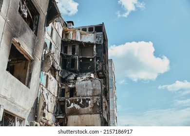 Borodyanka, Ukraine - April,30, 2022:  Damaged Building From Russian Troops In Ukraine, City Of Borodianka, Russian Invasion Of Ukraine War Torn City.