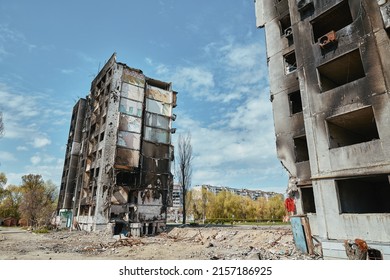 Borodyanka, Ukraine - April,30, 2022:  Damaged Building From Russian Troops In Ukraine, City Of Borodianka, Russian Invasion Of Ukraine War Torn City.