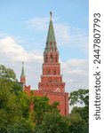 The Borovitskaya tower is a tower and passage gate in the southwestern part of the Moscow Kremlin. It overlooks the eponymous square and Alexander Garden near the Big Stone Bridge.