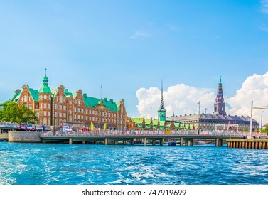 The Borsen And Christiansborg Slot Palace In Slotsholmen, In Copenhagen, Denmark
