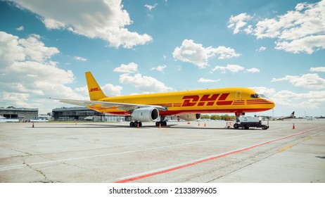 Boryspil International Airport, Ukraine - May 22 2015: DHL cargo Boeing 757 (D-ALED) parked on apron; three quarter view of the aircraft