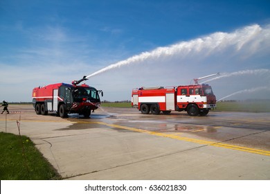 Boryspil, Ukraine - APRIL 27, 2017: Firefighters In Action. Airport Firefighting In Action. Fire Trucks.