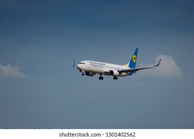 Boryspil, Ukraine - August 3, 2019: Ukraine International Airlines Boeing 737 is langing in the airport