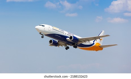 Boryspil, Ukraine - August 5, 2020: Airplane Boeing 737-400 Classic (UR-CQX) Of Yanair Airlines Is Taking-off  From Boryspil International Airport