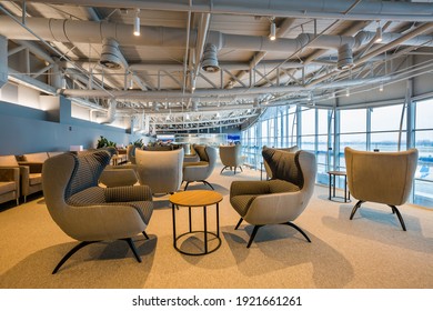 Boryspil, Ukraine - FEBRUARY 15, 2021: Airport Business Class Lounge. International Airport Interior. Airport VIP Lounge. Modern Airport