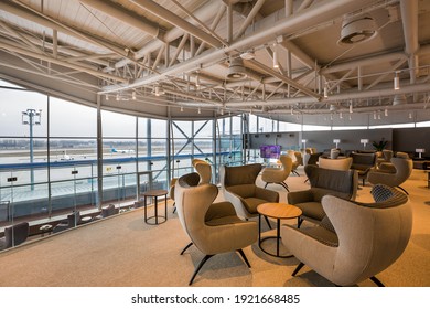 Boryspil, Ukraine - FEBRUARY 15, 2021: Airport Business Class Lounge. International Airport Interior. Airport VIP Lounge. Modern Airport