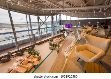 Boryspil, Ukraine - FEBRUARY 15, 2021: Airport Business Class Lounge. International Airport Interior. Airport VIP Lounge. Modern Airport