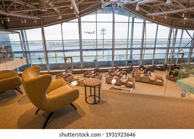 Boryspil, Ukraine - FEBRUARY 15, 2021: Airport Business Class Lounge. International Airport Interior. Airport VIP Lounge. Modern Airport