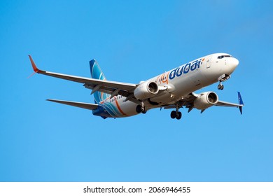 Boryspil, Ukraine - January 2, 2021: Airplane Boeing 737-800 of FlyDubai is landing in Boryspil International Airport