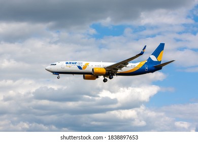 Boryspil, Ukraine - May 30, 2019: Airplane Boeing 737-800 of Azur Air is landing in Boryspil International Airport