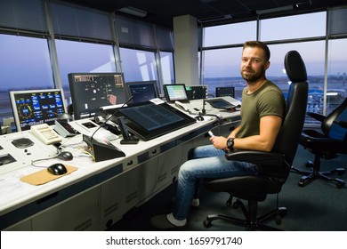 BORYSPIL, UKRAINE - OCTOBER 18, 2019:  Air Traffic Controller At Work. Airport Air Traffic Control Tower. Aviation Radar Screen.