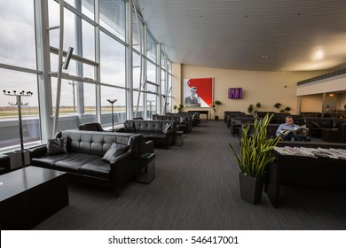 Boryspil, Ukraine - OCTOBER 27, 2016: Airport VIP Lounge. Airport Business Class Lounge. Airport Interior. Airport Waiting Hall. Leather Furniture.