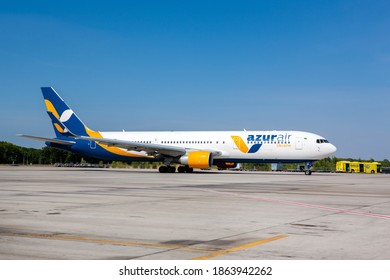 Boryspil, Ukraine - September 10, 2019: Airplane Boeing 767-330 of Azur Air Ukraine  in Boryspil International Airport