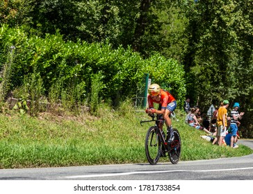 Bosdarros, France - July 19, 2019: The Belgian Cyclist Dylan Teuns Of Team Bahrain-Merida Riding During Stage 13, Individual Time Trial, Of Le Tour De France 2019.