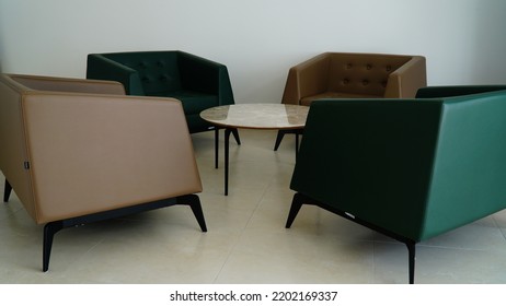 BOSNIA AND HERCEGOVINA, SARAJEVO,12.SEPTEMBAR: Coloured Business Building Lobby With A Modern Designed Leather Chairs And Table For Clients Waiting For  Visit. Modern Chair For Modern Designed Spaces.