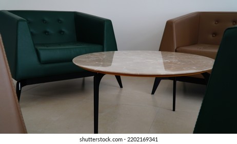 BOSNIA AND HERCEGOVINA, SARAJEVO,12.SEPTEMBAR: Coloured Business Building Lobby With A Modern Designed Leather Chairs And Table For Clients Waiting For  Visit. Modern Chair For Modern Designed Spaces.