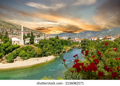 Bosnia And Herzegovina, Mostar Town River Sunset View