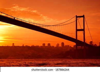 Bosphorus Bridge In Istanbul At Sunset. Turkey