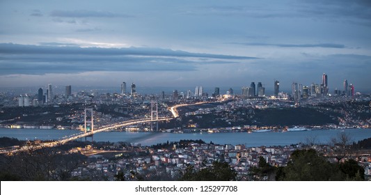 Bosphorus And Bridge At Night, Istanbul, Turkey