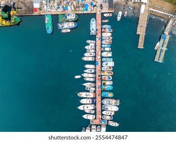 Bosphorus High-angle view of a bustling harbor filled with various boats.An aerial shot of a marina with numerous boats of different sizes and colors moored along a dock. Beykoz Poyrazkoy Istanbul