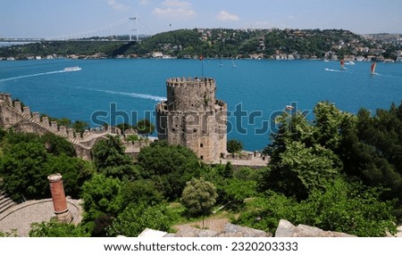 The Bosphorus looks beautiful from the Rumeli Fortress Walls in Istanbul, Turkey.