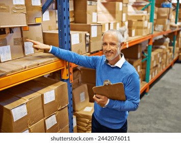 Boss, clipboard and smile in warehouse with inventory for quality control and freight distribution. Senior businessman, wholesale supplier and stock checklist in logistics industry for box inspection - Powered by Shutterstock