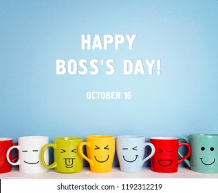 Boss Day Background With Colorful Mugs. Happy Boss Day Concept.