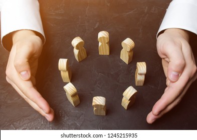 Boss defending his team with a gesture of protection. Life insurance. Customer care, care for employees. Security and safety in a business team. Human resources. A responsibility. Social protection - Shutterstock ID 1245215935