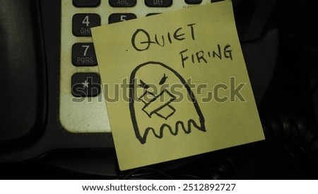 Boss from Hell: Yellow note placed on phone keys, with hand-written words "Quiet firing" and hand drawing of an ghost with being shut by tapes