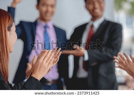 Boss manager team applauding clap for Employees congratulating promoted colleague, expressing gratitude, recognition, appreciation greeting for win job