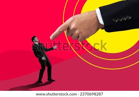 Boss, oppression and finger pointing businessman as graphic illustration with red background as management. Abuse, pressure and art of manager angry at corporate employee with authority or power