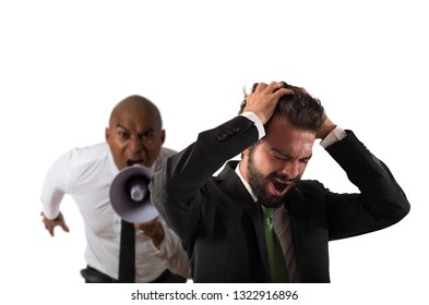 Boss Scolds With Megaphone A Desperate Employee With A Verbal Aggression